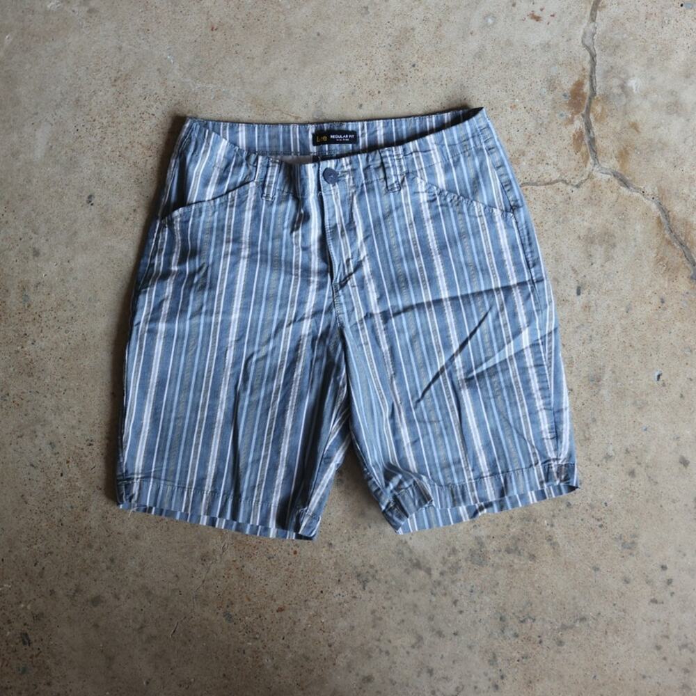 Lee Womenβs Striped Bermuda Shorts Blue White Gray Mid Rise Regular Fit Size 10